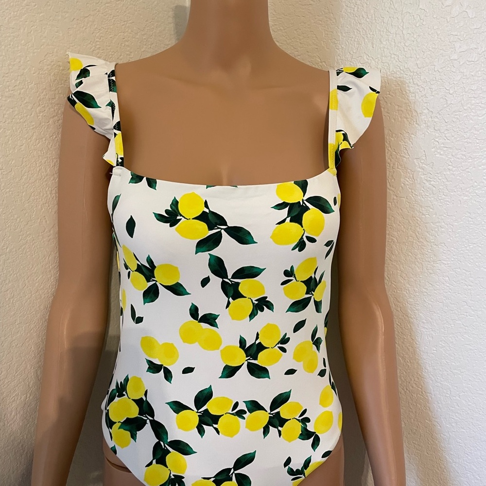 White Lemon Print Square Neck One-Piece Swimsuit